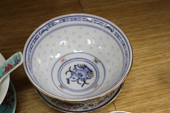 Six Chinese porcelain bowls, eight stands, three spoons and a candle holder, second half 20th century, largest bowl 10.2cm diameter